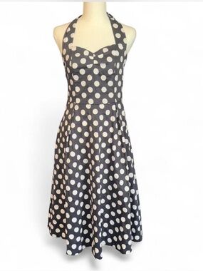 Classic Black and White Polka Dot Halter Midi Dress